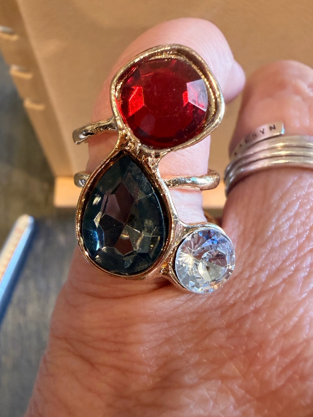 Gold-Tone Triple Stone Statement Ring with Red, Black and Clear Stones
